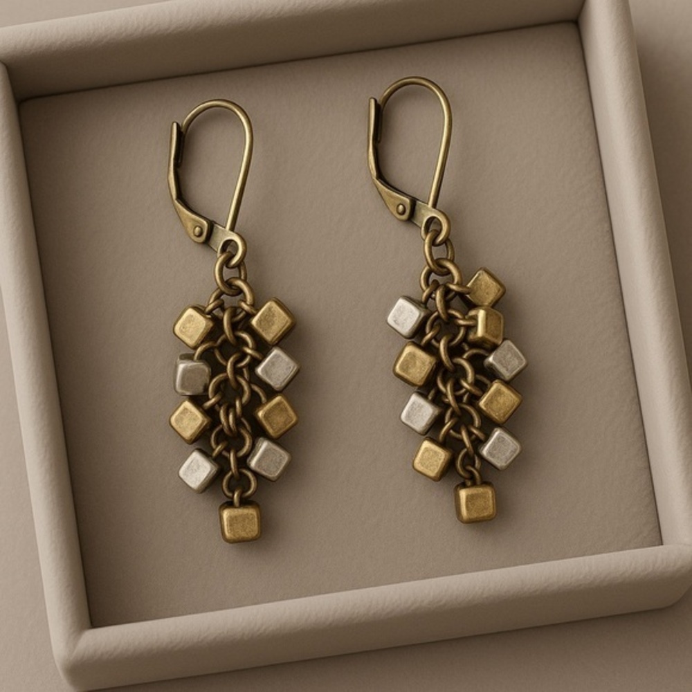 Premier Designs “Wear It Now” Antiqued Brass Cube Cluster Earrings – 2” EUC #159